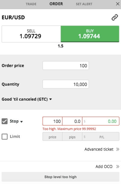 New order window at Forex.com WebTrader