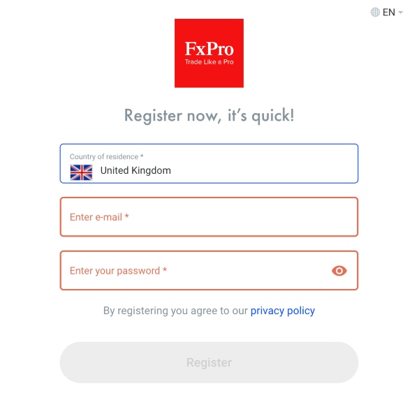 FxPro demo account registration form