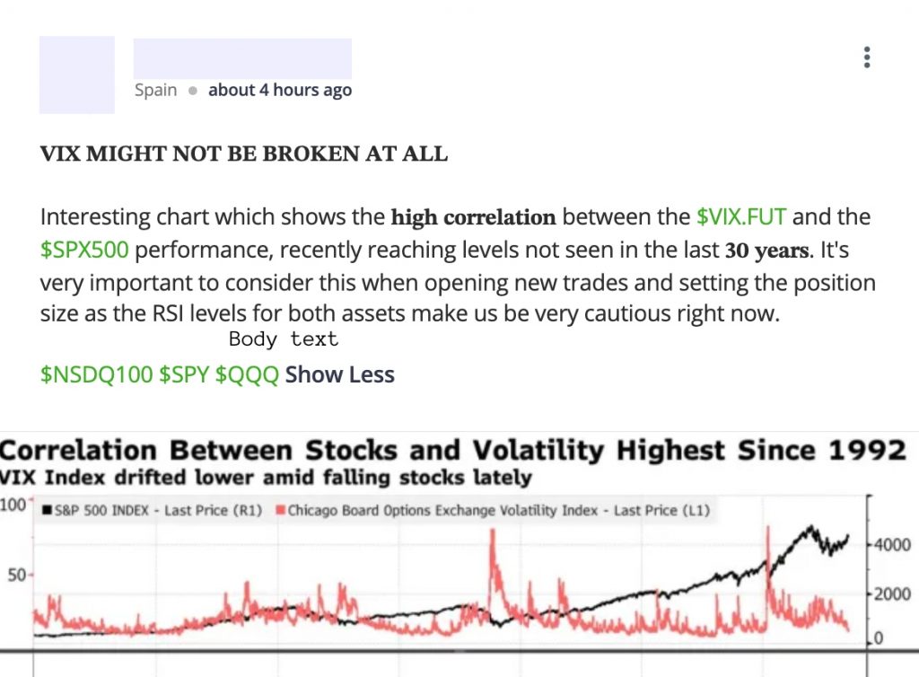 Example of social trading post about the VIX at eToro