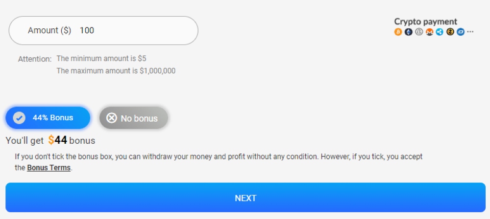 Screenshot of CloseOption account funding process