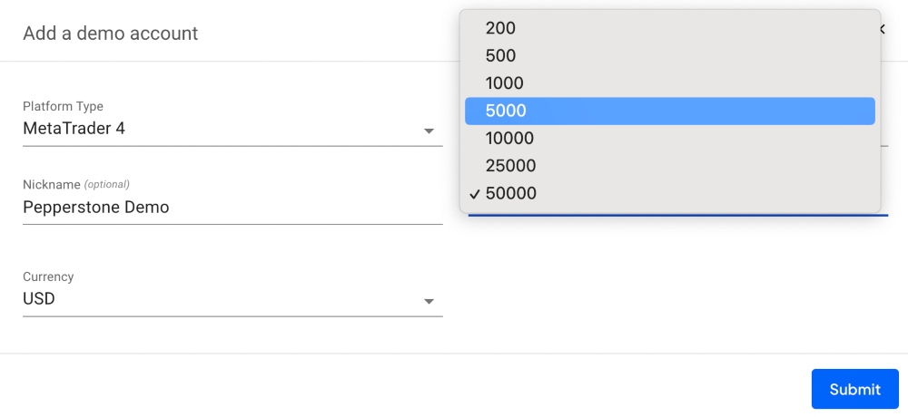 Choosing demo account settings at Pepperstone