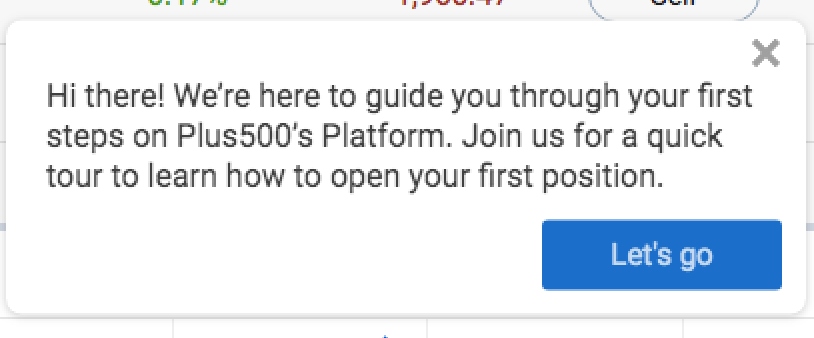 Guide to the Plus500 platform with initial pop-up