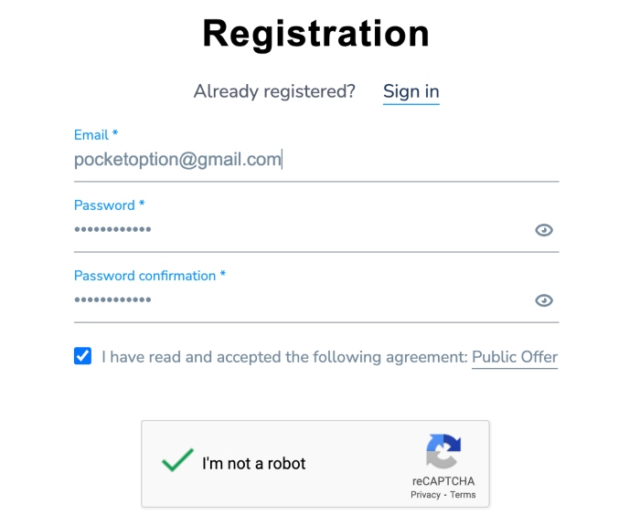 Pocket Option sign-up form