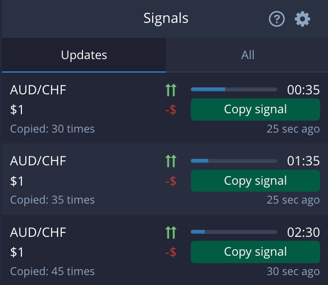 Trading signals at Pocket Option