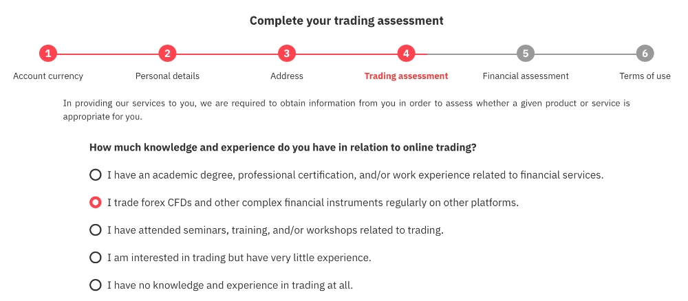 Filling out the trading assessment at Deriv.com