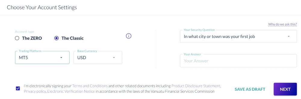 Choosing account settings at Fusion Markets