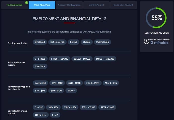 Employment and financial questions during Moneta Markets sign-up