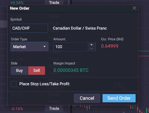 Placing a forex trade on PrimeXBT trading platform