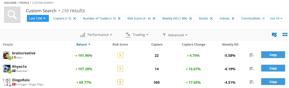 Searching for copy traders on eToro platform