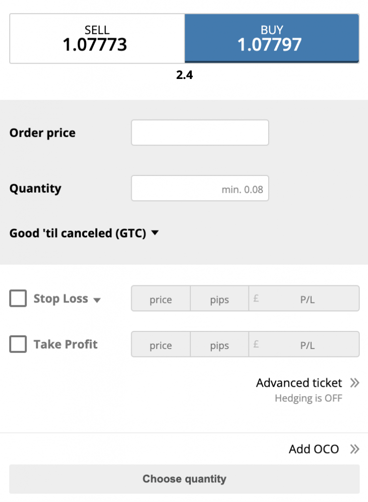 Order window at City Index