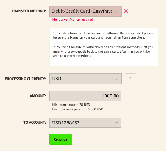 Deposit process at ForexChief