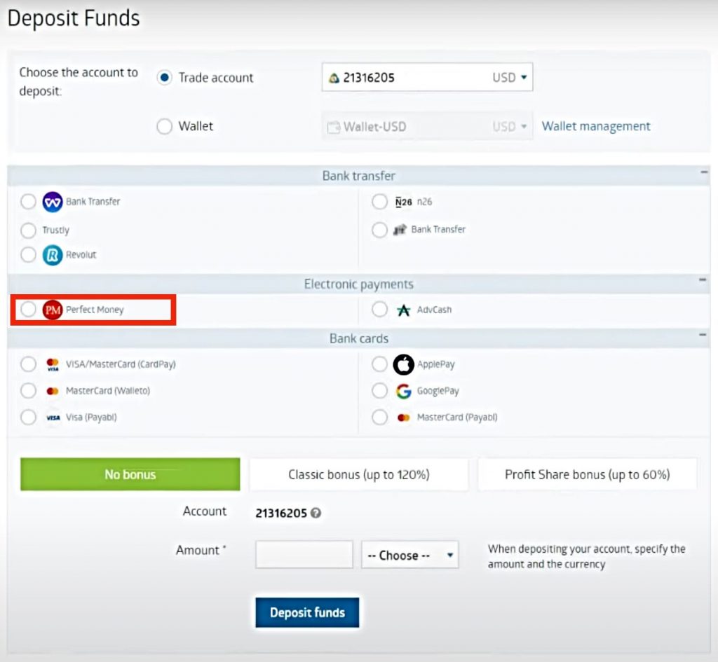 Perfect Money deposit process at RoboForex