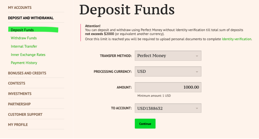 Deposit process at ForexChief