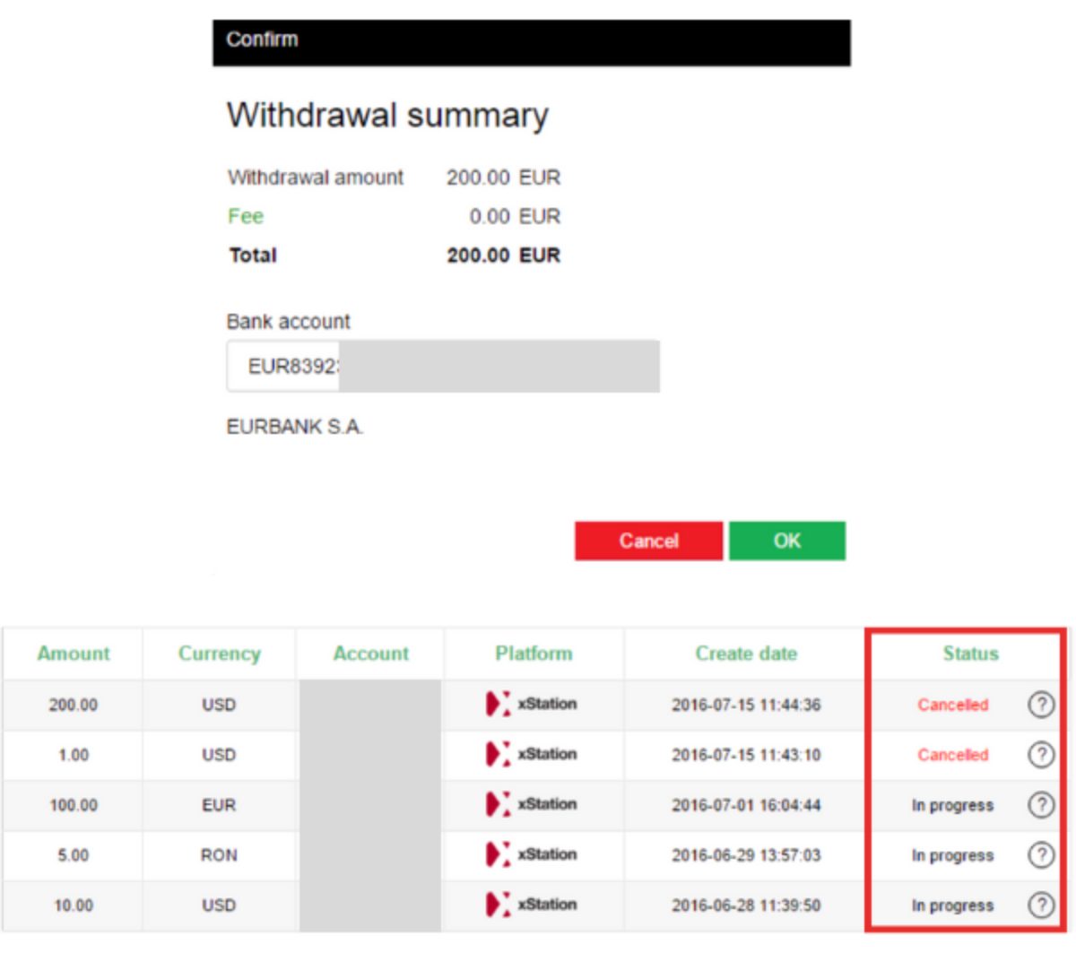 Withdrawal process at XTB