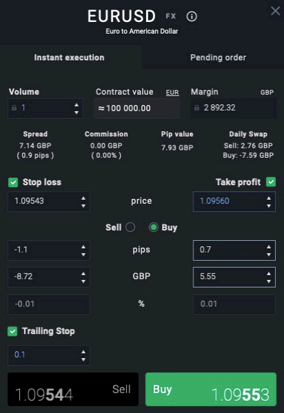 Trade order window at XTB