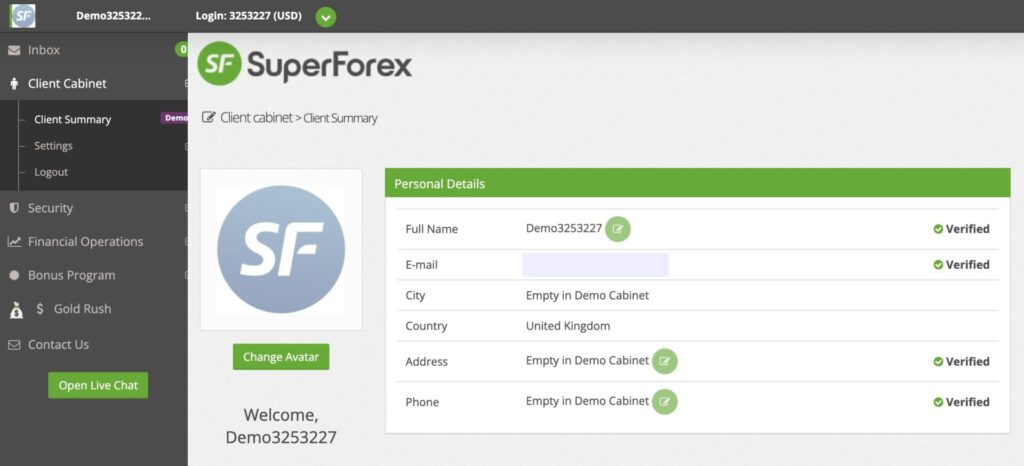 Opening a SuperForex demo trading account