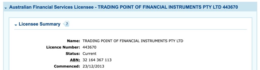 Trading Point of Financial Instruments Pty Ltd ASIC license