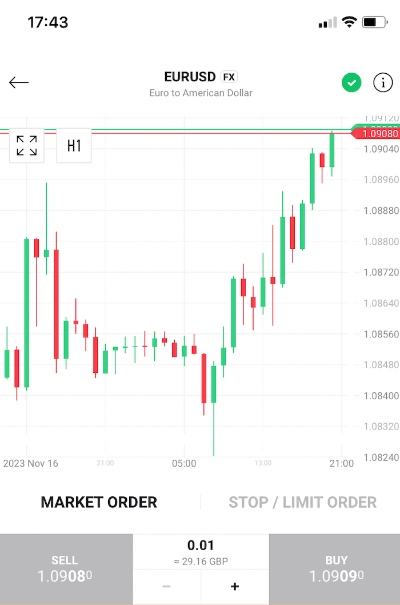 XTB forex app with EURUSD chart