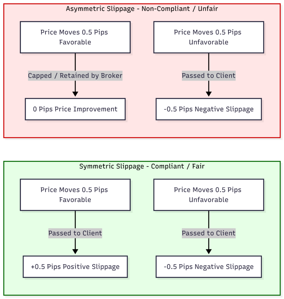 Visually explains the regulatory violation of asymmetric slippage (where brokers cap client wins but pass through full losses).